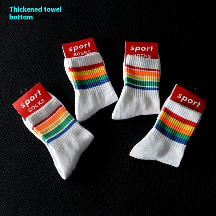 Rainbow Striped Sports Socks Towel Bottom Thickened