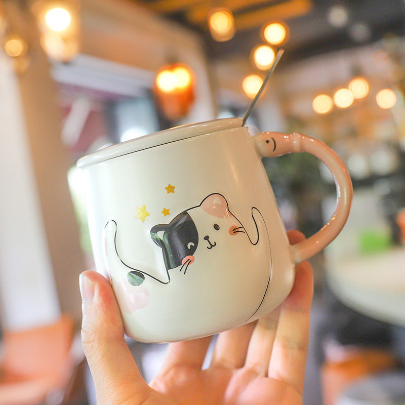 Cartoon Cat With Lid Spoon Ceramic Cup Female Cute Office