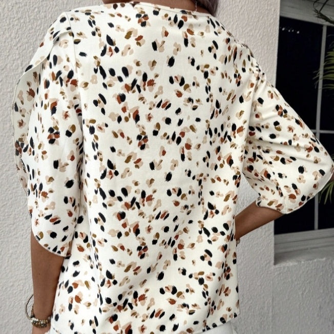 Ladies' Flower Print Asymmetrical Collar Casual Style Short Sleeved Shirt Top