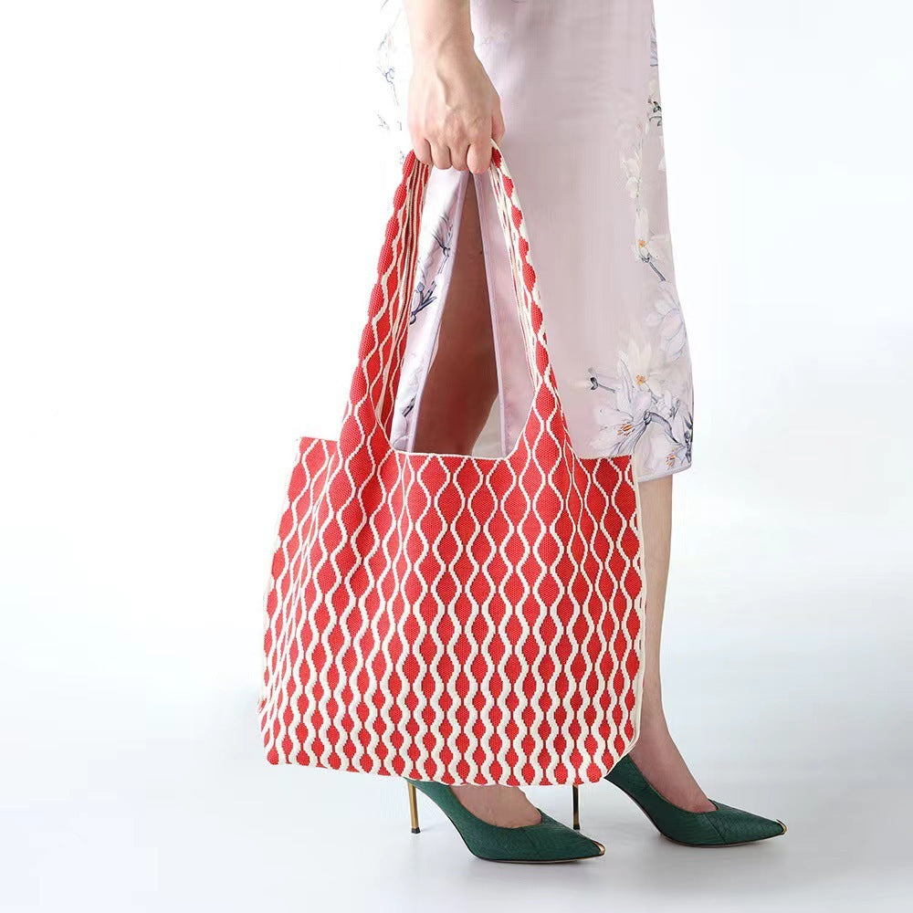 Good-looking Big Wave Flying Woven Bag Fashionable All-match Large Capacity Two-tone