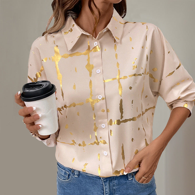 Women's Long-sleeved Lapel Geometric Pattern Bronzing Shirt