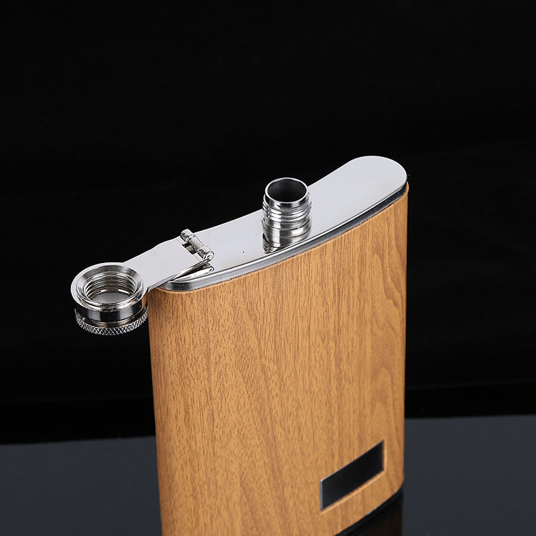 Stainless steel wood grain hip flask set