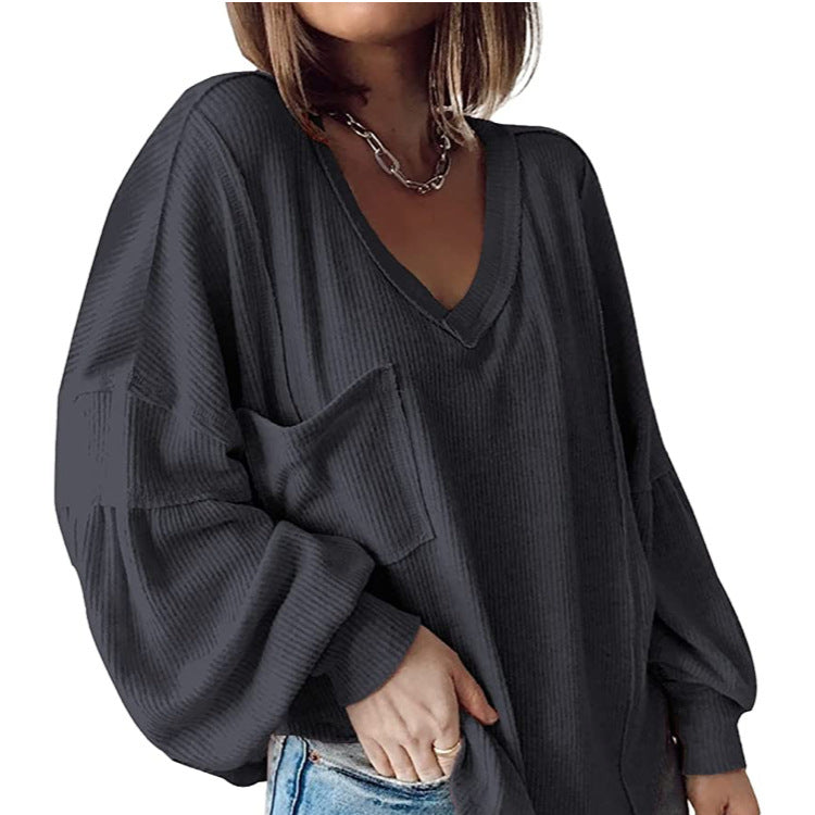 Casual V-neck Pocket Lantern Sleeve Loose Knitted Pullover Shirt Women