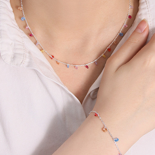 Round Color Zircon Necklace Sterling Silver S925 Female Silver Clavicle Chain