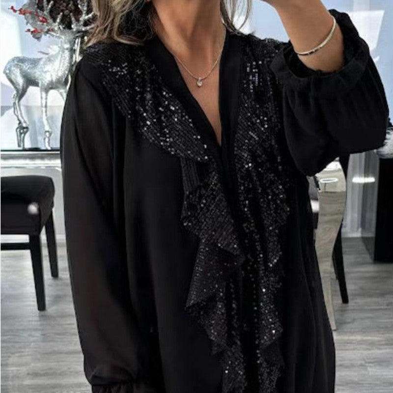 Long Sleeve Mid-length Stitching Sequined Top