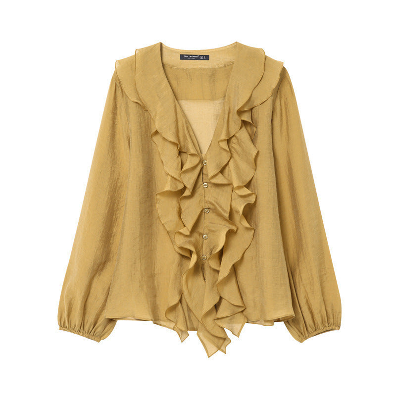 V-neck Laminated Ruffled Long Sleeve Casual Shirt