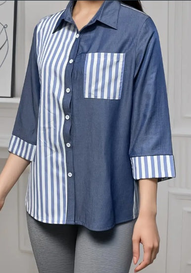 Stripe Print Button Front Blouse, Casual Sleeve Pocket Top For Spring & Summer, Women's Clothing