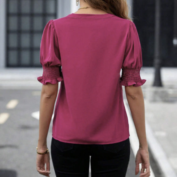 Ladies' Casual Style Lantern Sleeves V-neck Elegant And Fashionable Short Sleeved Shirt