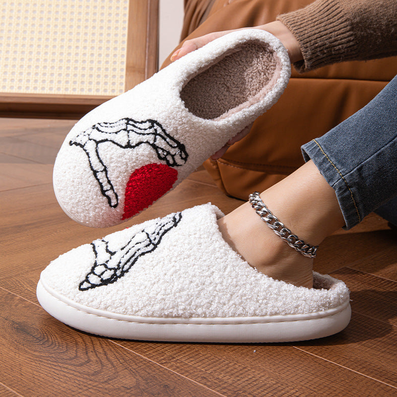 Funny Halloween Love Skull-hand Slippers Home Non-slip Soft Bottom Cotton Floor Bedroom Slippers Winter Warm House Shoes For Women Men