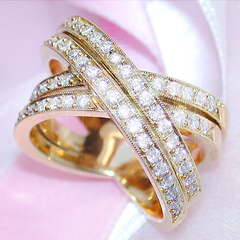 Luxury Women's Ring Double Row Cross Inlaid Zircon Party Copper Ring Jewelry