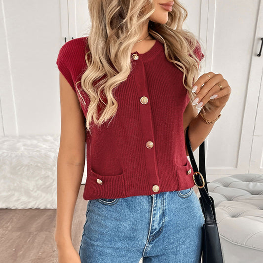 Knitted Round Neck Sleeveless Red Sweater