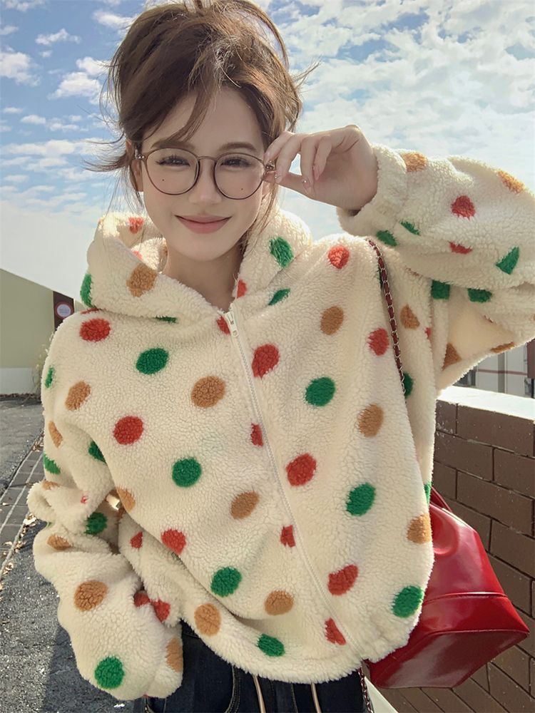 Korean-style Cute Lamb Wool Colorful Polka Dot Coat