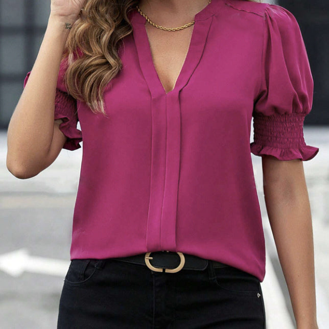 Ladies' Casual Style Lantern Sleeves V-neck Elegant And Fashionable Short Sleeved Shirt