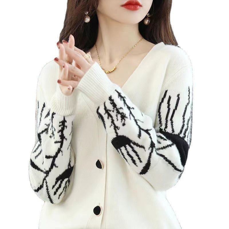 Mori Style V-neck Cardigan Black And White Color Matching Sweater Top