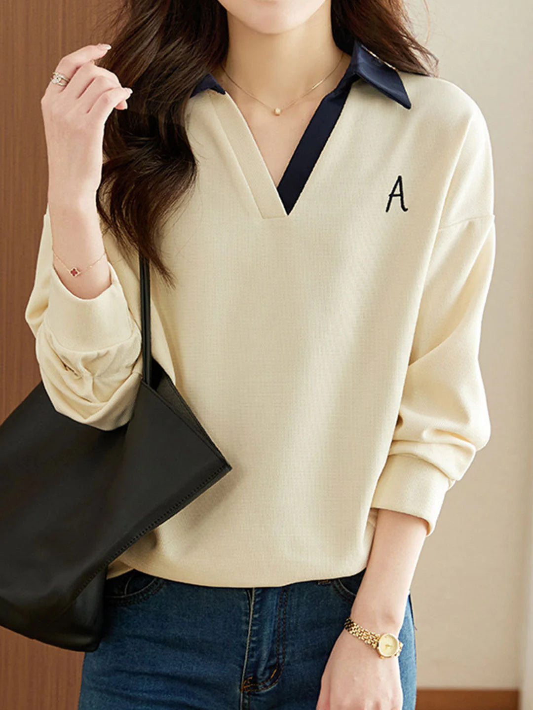 Lapel Contrast Color Loose Lazy Long Sleeve Hooded V-neck Sweatshirt