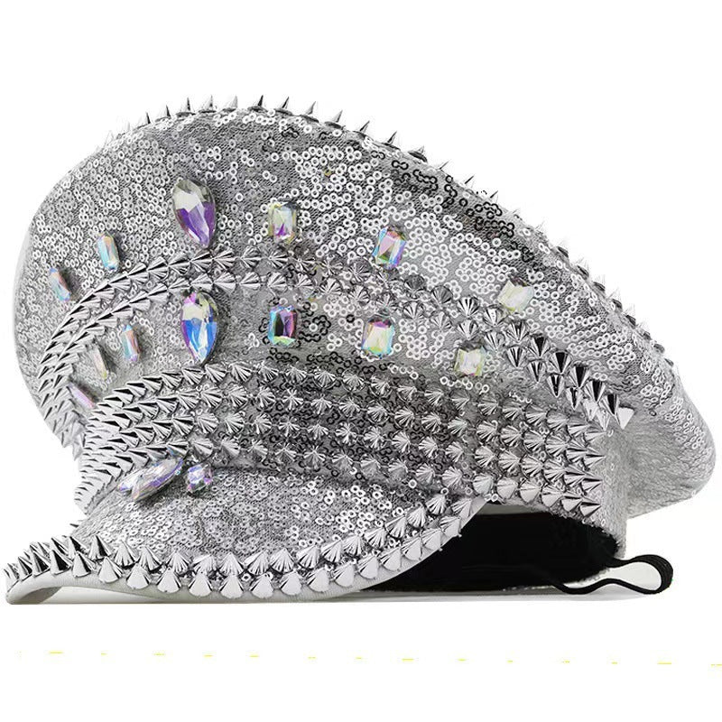 European And American Fashion Rhinestone Women's Diamond Rivets Party Ball Cross-border Export Hat Free Size Cool Punk