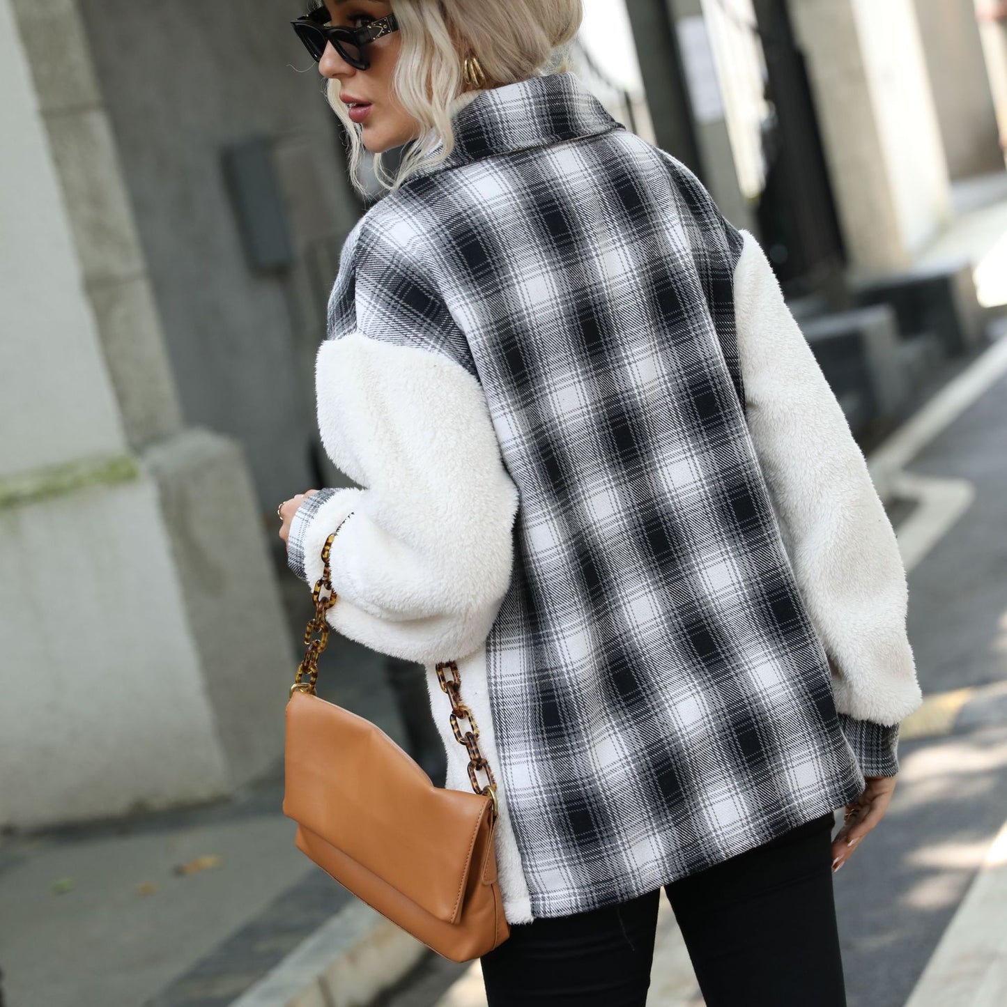 Long Sleeve Plaid Lapel Plush Coat