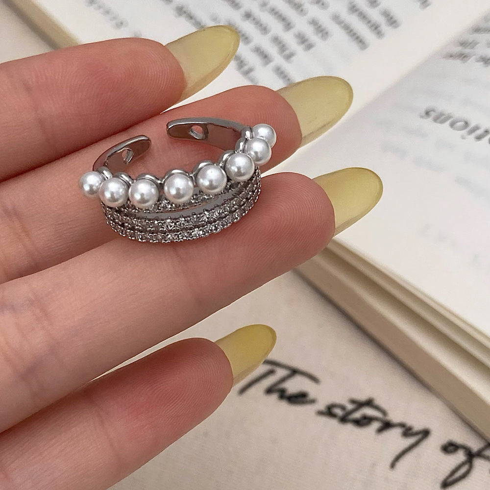 Simple Pearl Open-end Zircon Ring
