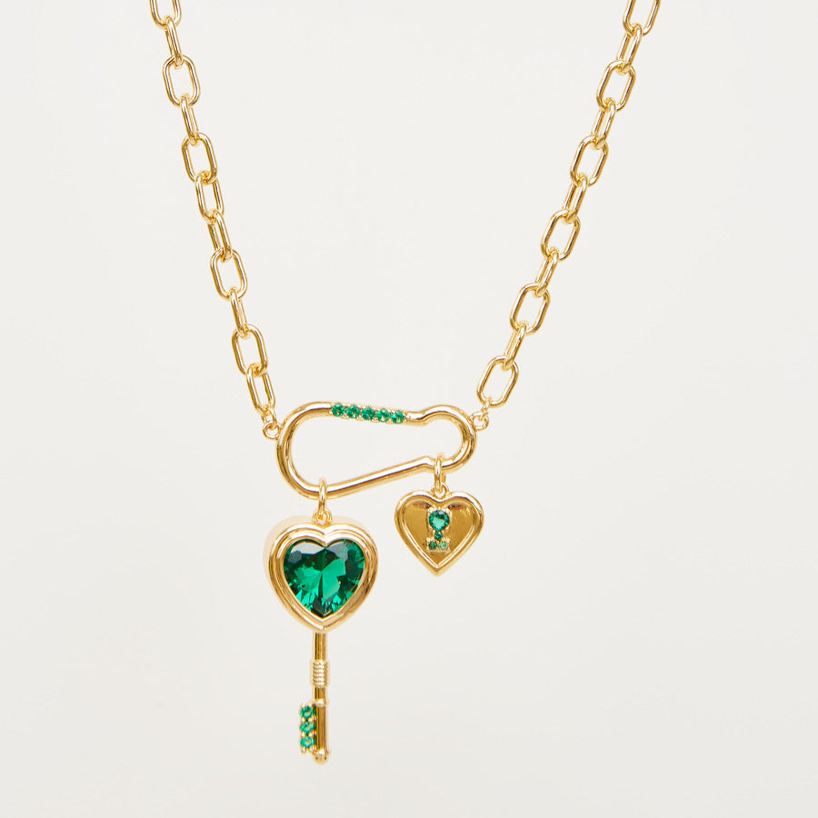 Fashion Emerald Love Key Inlaid Zircon Pendant Necklace