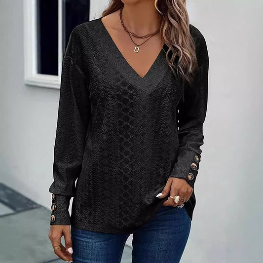 Hollowed-out V-neck Drop-shoulder Long-sleeve Button T-shirt