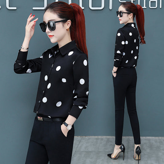 Spring And Autumn Long Sleeve Shirt Women's Korean-style Fashionable Chiffon Shirt Black And White Polka Dot Printed Shirt Bottoming Shirt Top