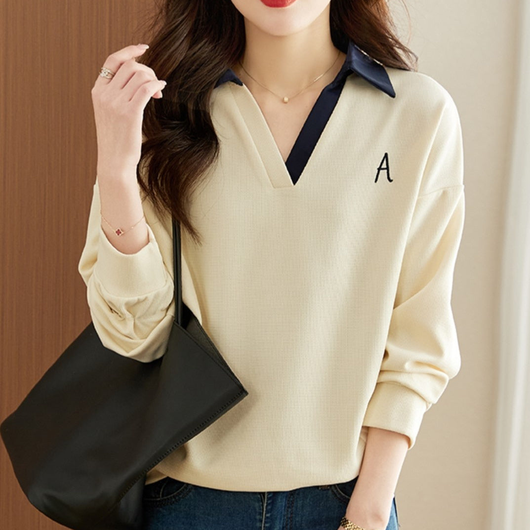 Lapel Contrast Color Loose Lazy Long Sleeve Hooded V-neck Sweatshirt