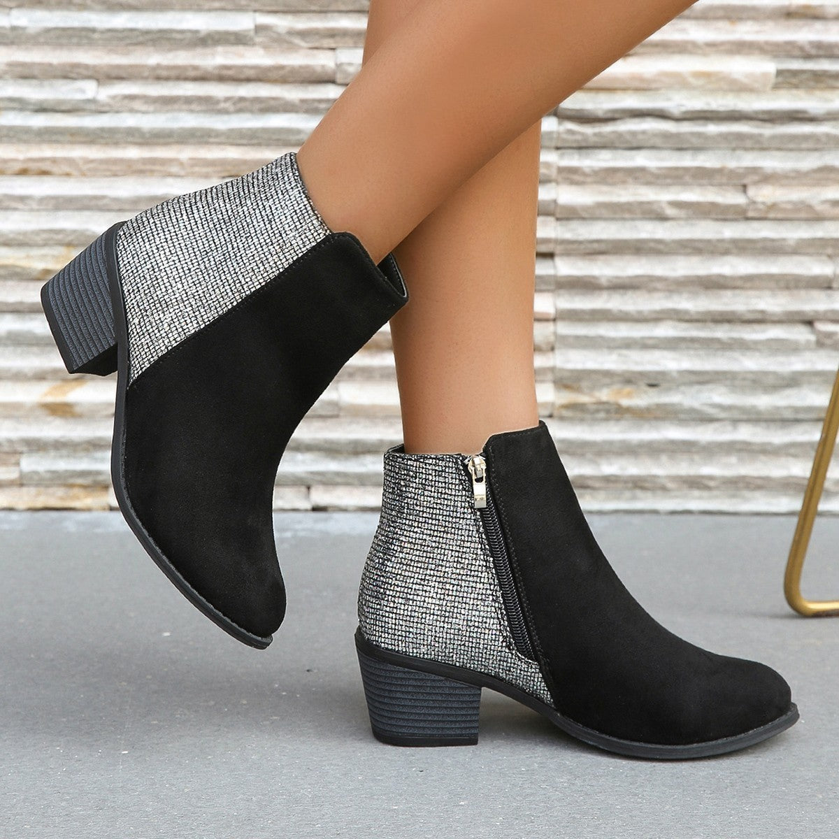 Color-blocking Sequin Chunky Heel Plus Size Side Zip Short Boots Women