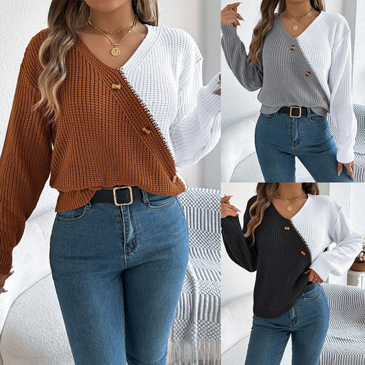 Casual V-neck Button Contrast Color Lantern Sleeve Pullover Sweater