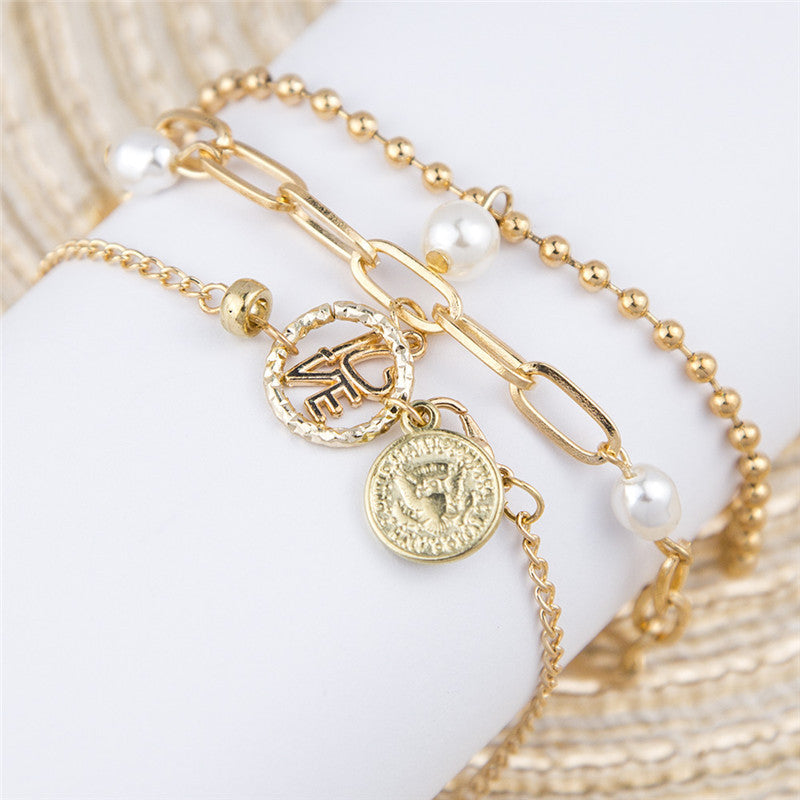 Bracelet Set Ins Design Niche Pearl Love Coin Jewelry Women 3-piece Set