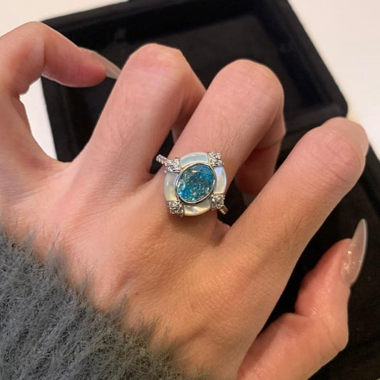 Light Luxury Aquamarine Oval Fritillary Ring Female Method