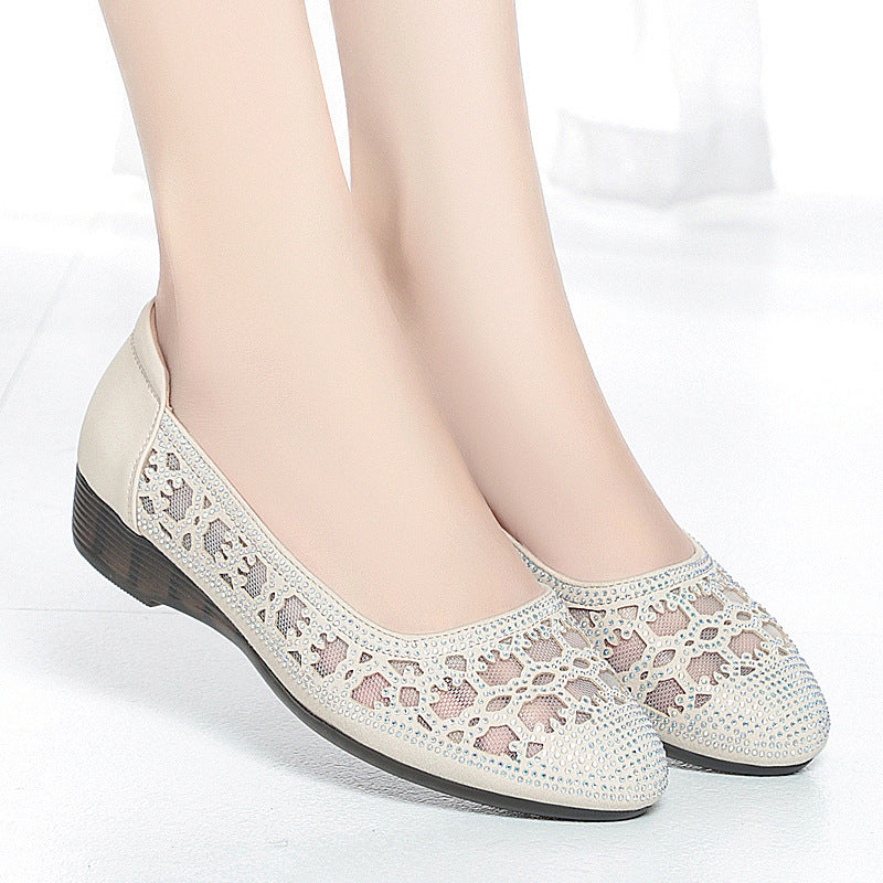 Women's Leather Shoes Low Heel Perforated Breathable Sandals