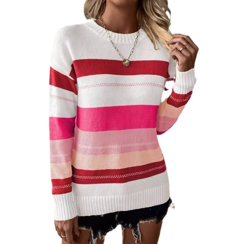 Casual Contrast Color Striped Knitted Long Sleeve Sweater