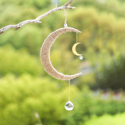 Wooden Woven Hand Gift Moon Crystal Gardening Sun Catcher Wall Decoration Pendant