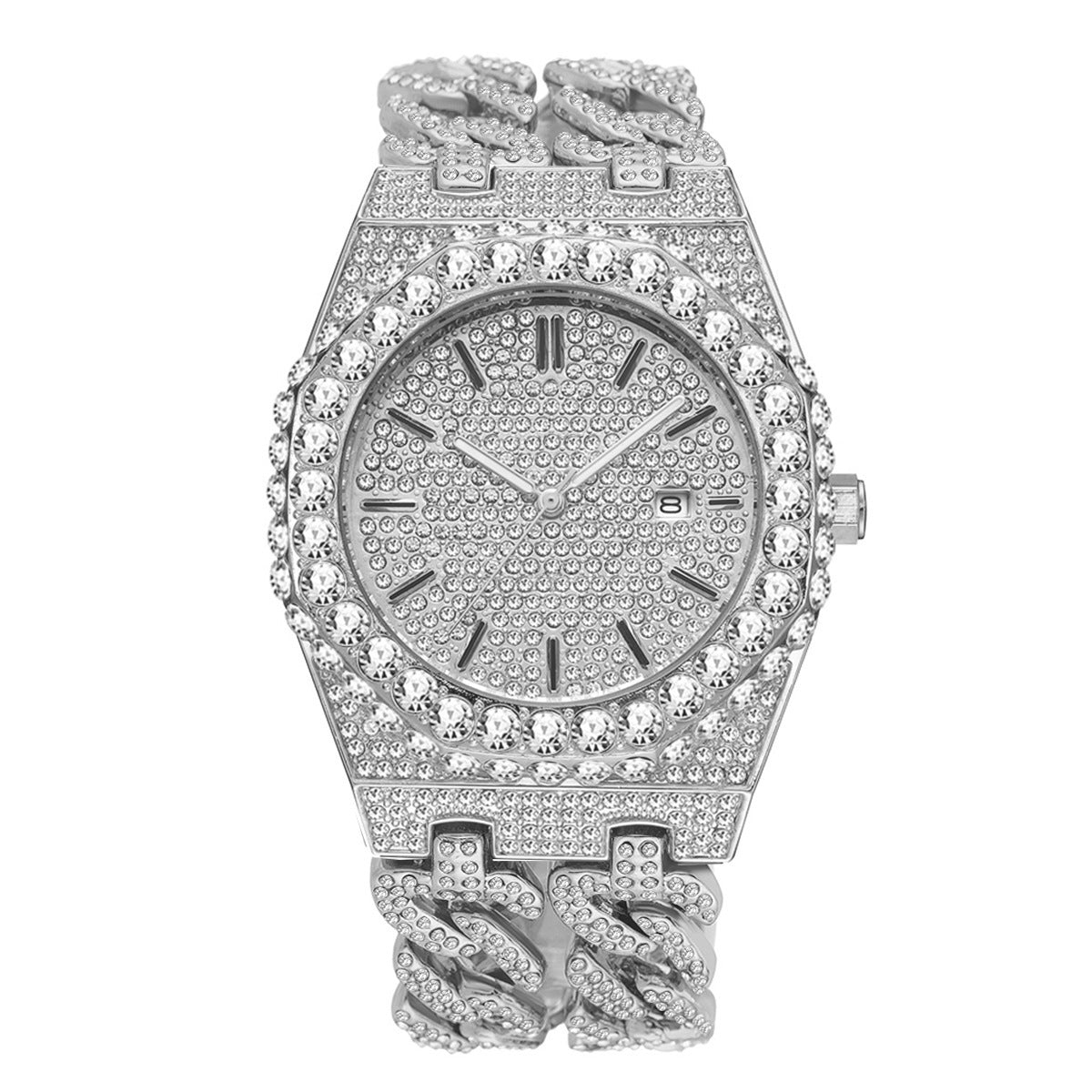 Men's Hip Hop Iced Diamond Fashion Cuban Link Chain Quartz Clock