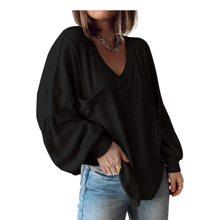 Casual V-neck Pocket Lantern Sleeve Loose Knitted Pullover Shirt Women