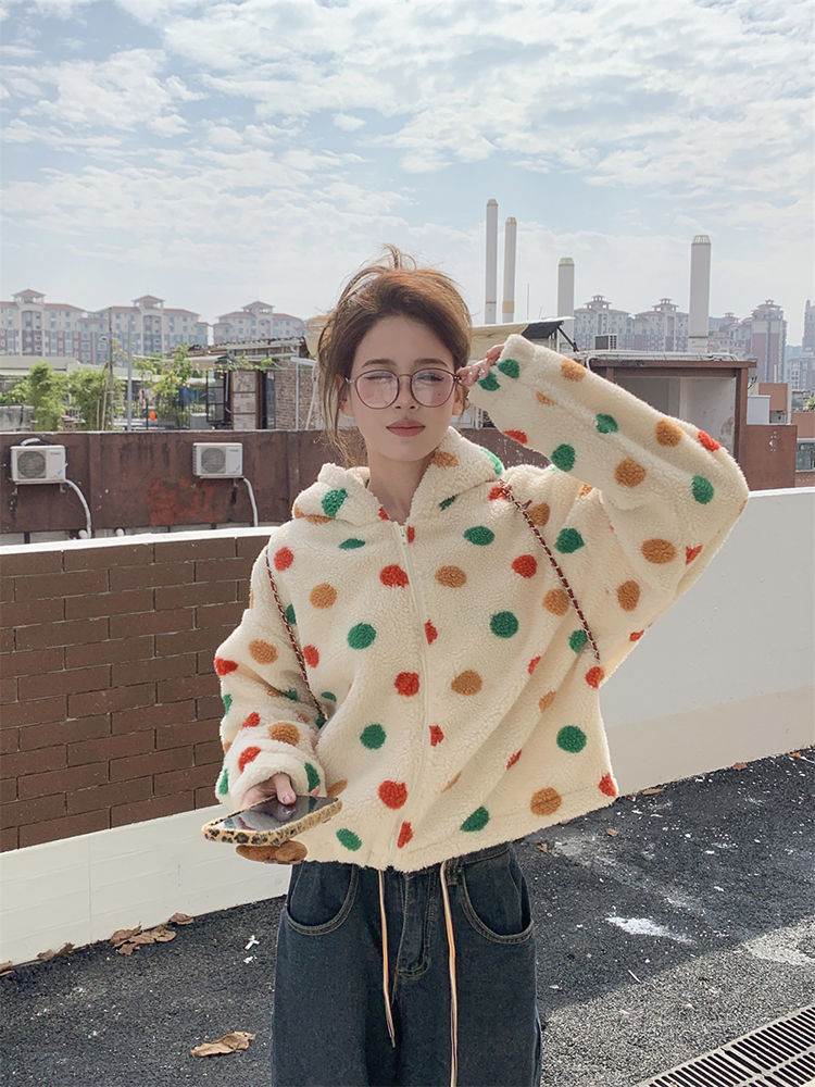 Korean-style Cute Lamb Wool Colorful Polka Dot Coat