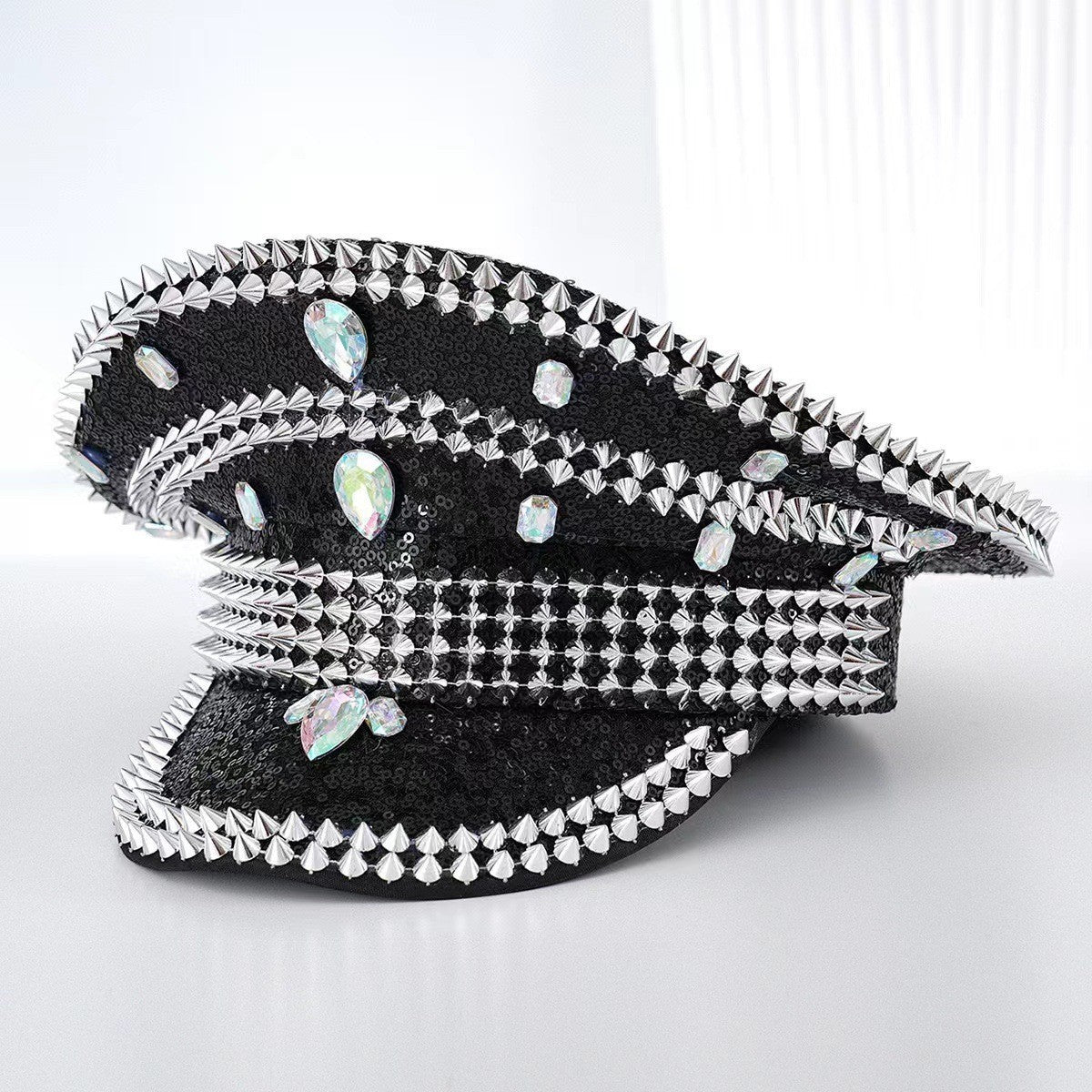 European And American Fashion Rhinestone Women's Diamond Rivets Party Ball Cross-border Export Hat Free Size Cool Punk