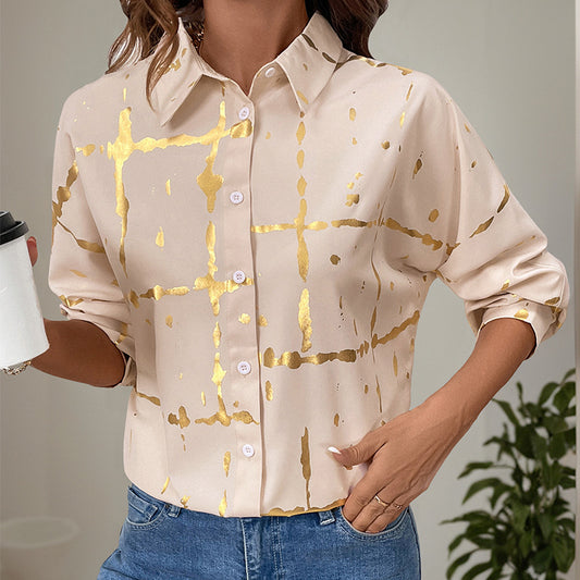 Women's Long-sleeved Lapel Geometric Pattern Bronzing Shirt