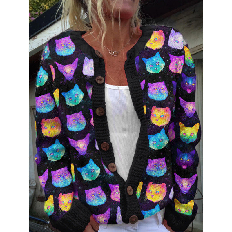 Female Digital Printing Cardigan Knitted Coat