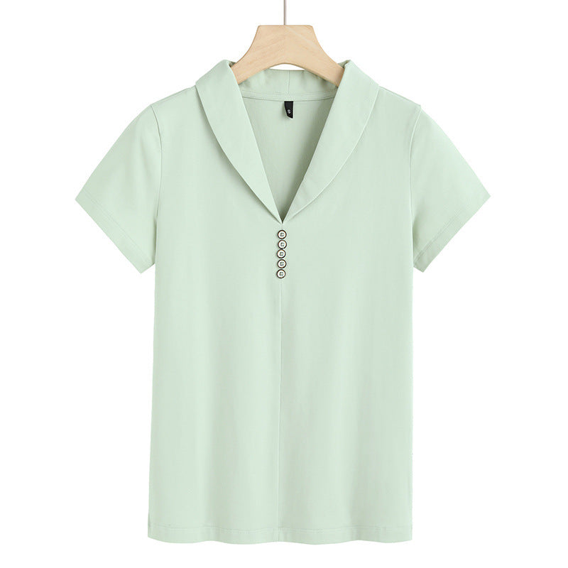 Slim-fit Split Solid Color And V-neck Button Short Sleeve