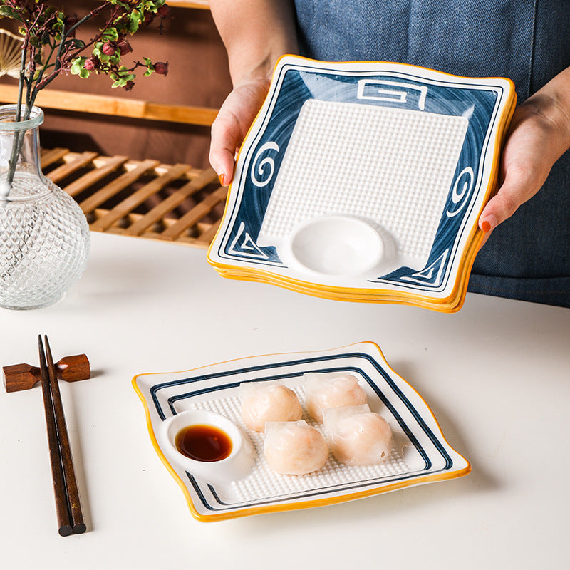 Japanese Style Multipurpose Drain Ceramic Square Dumpling Dipping Tray