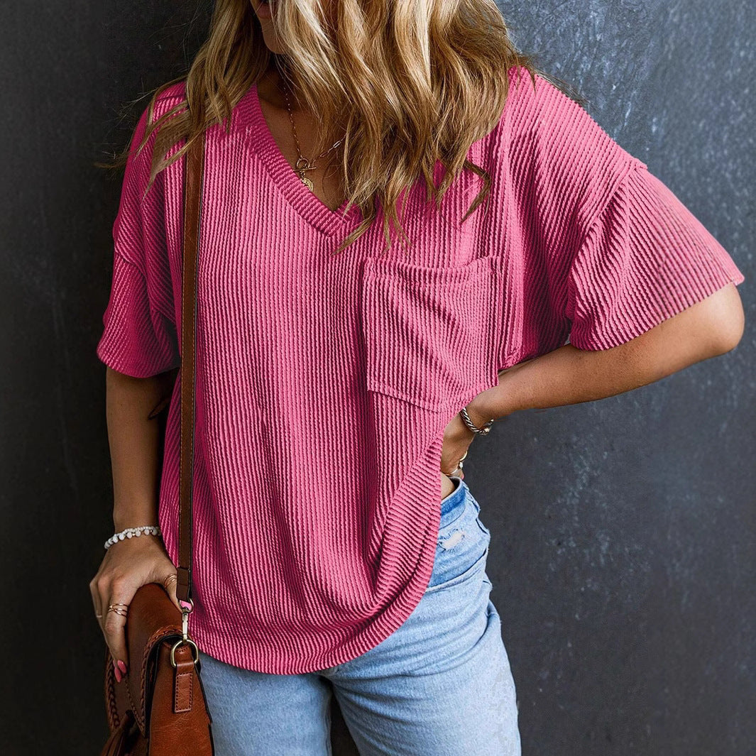 Two-tone Pocket Short Sleeve V-neck Top