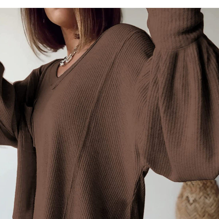 Casual V-neck Pocket Lantern Sleeve Loose Knitted Pullover Shirt Women