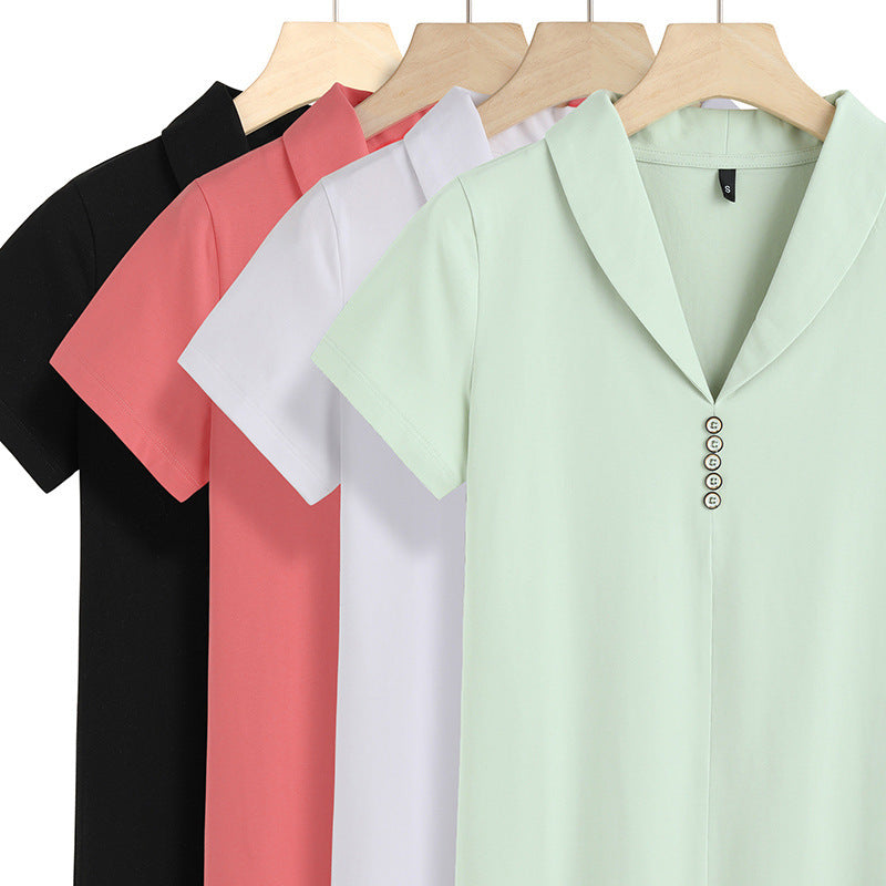 Slim-fit Split Solid Color And V-neck Button Short Sleeve