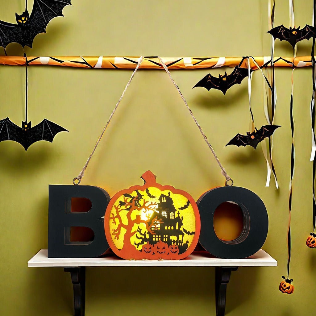 Halloween Wooden Craftwork Pendant Letter Light Holiday Atmosphere Wooden Decoration Pendant