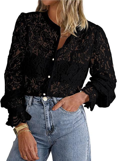 European And American Ladies Fashion Casual Lace Shirt Long Sleeve Button Shirt