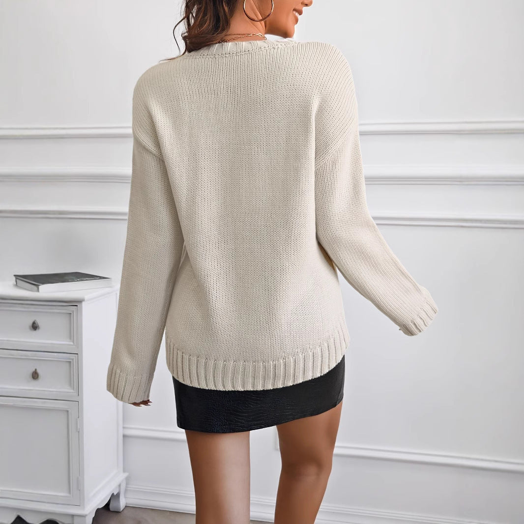 Knitted Sweater Round Neck Pocket