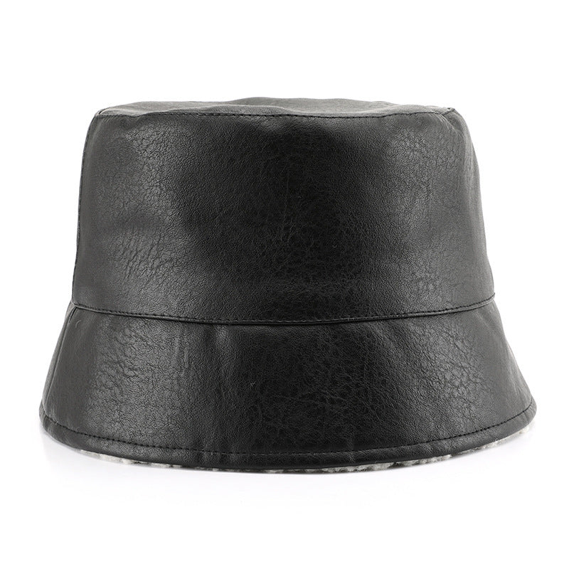 Personalized Women's Spring And Autumn Double-sided Solid Color Leather Bucket Hat Outdoor Sports