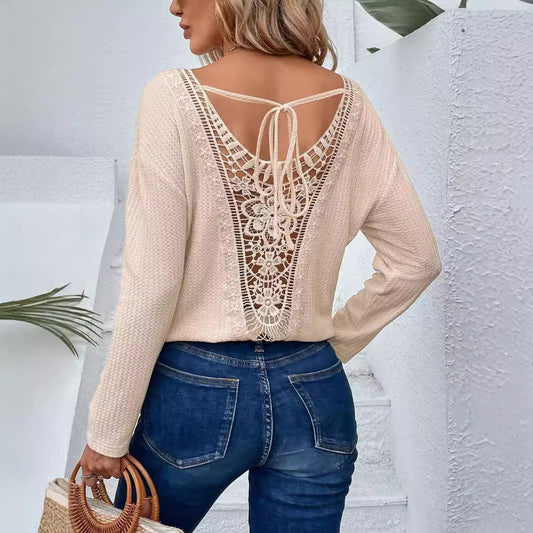 Elegant Lady V-neck Stitching Fashion Lace Back Tie Bow Long Sleeve