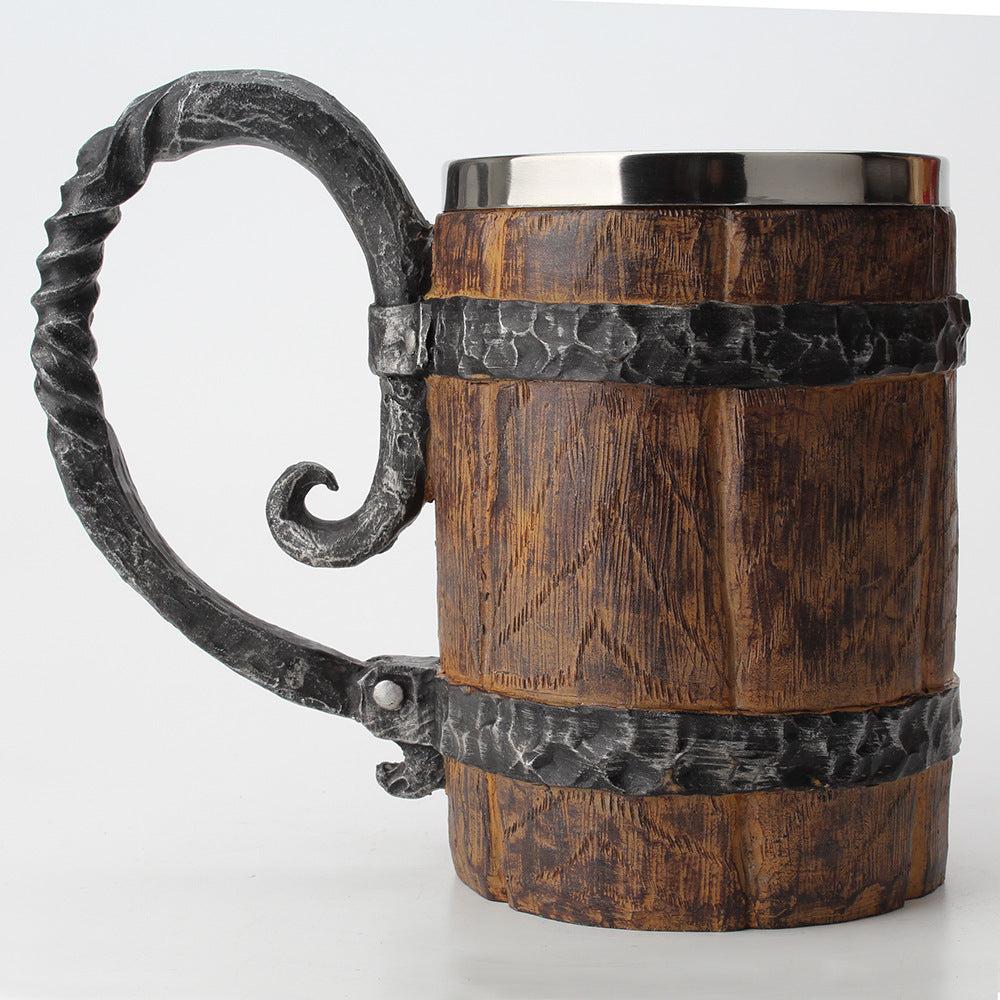 Stainless Steel Liner Mug, Large-handle Large Wooden Barrel Water Mug